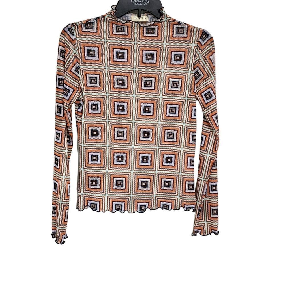 Ginger G Y2K disco sheer multicolor geometric print long sleeve top M